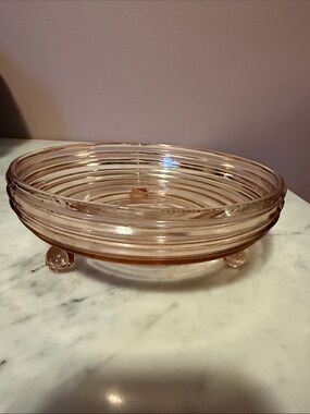 Vintage Pink Ribbed Depression Glass Pedestal Bowl